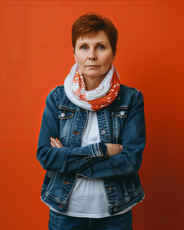 a woman in a denim jacket and scarf standing against an orange wallの素材