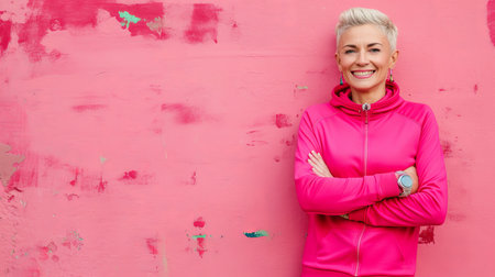 a woman in a pink jacket standing in front of a pink wallの素材