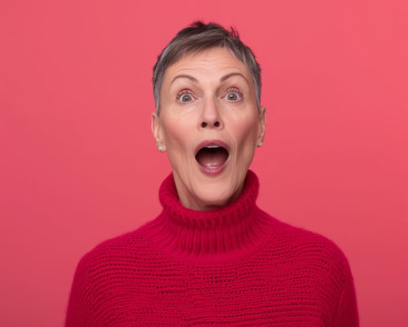 a woman in a red sweater is surprisedの素材