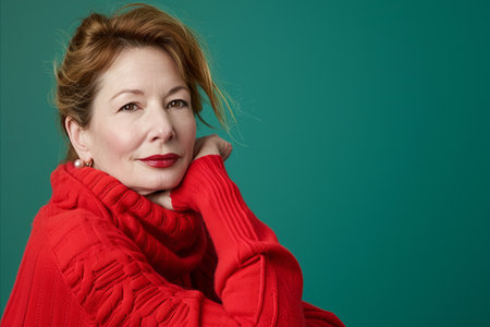 a woman in a red sweater posing for the cameraの素材