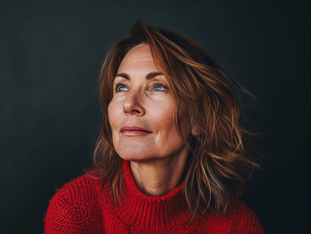 a woman in a red sweater looking upの素材