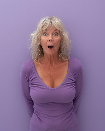 a woman in a purple shirt with her mouth openの素材