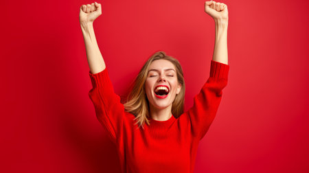 a woman in a red sweater is raising her arms in the airの素材