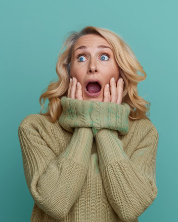 a woman in a sweater is holding her hands to her mouthの素材