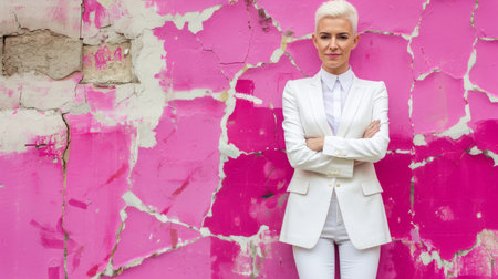 a woman in a white suit standing in front of a pink wallの素材
