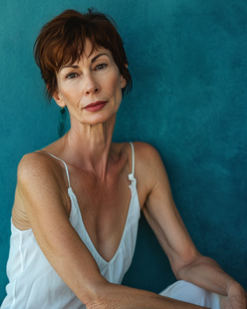 a woman in a white tank top sitting against a blue wallの素材