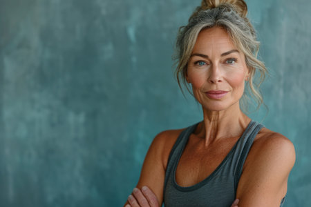 a woman in a tank top standing in front of a blue wallの素材