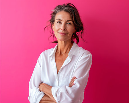 a woman in a white shirt standing in front of a pink wallの素材