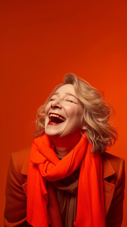 a woman in an orange coat and scarf laughingの素材