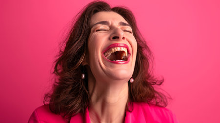 a woman laughing with her mouth open on a pink backgroundの素材