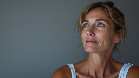 a woman looking up with a serious expression on her faceの素材