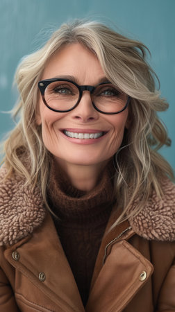 a woman wearing glasses and a brown sweaterの素材