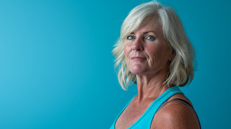 a woman with blonde hair and blue tank top standing in front of a blue backgroundの素材
