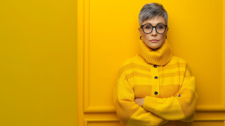 a woman wearing glasses and a yellow sweater standing in front of a yellow wallの素材