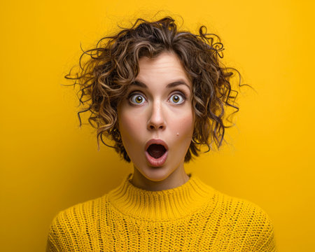 surprised woman with curly hair on yellow backgroundの素材