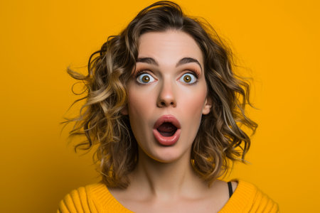 surprised woman with open mouth on yellow backgroundの素材