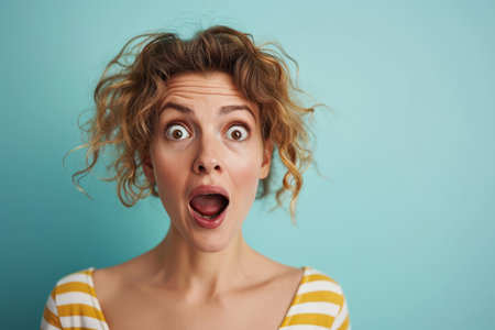 surprised woman with open mouth on blue backgroundの素材