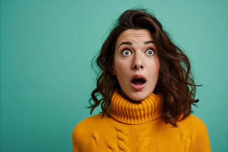 surprised woman in yellow sweater looking surprised on blue backgroundの素材