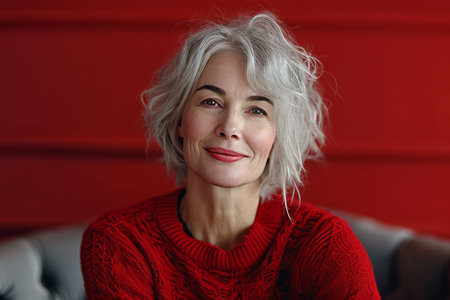 a woman with gray hair and a red sweaterの素材