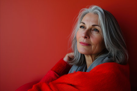 a woman with gray hair and a red sweaterの素材