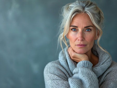 a woman with gray hair and a sweaterの素材