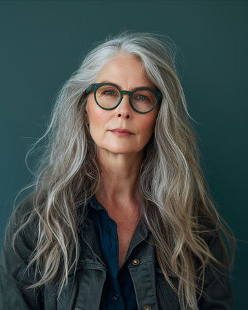a woman with gray hair and glasses standing in front of a blue backgroundの素材