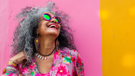 a woman with gray hair and colorful sunglasses is standing in front of a colorful wallの素材