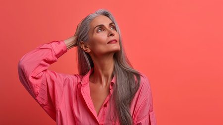 a woman with gray hair and pink shirtの素材