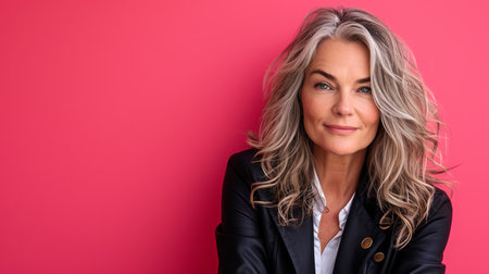a woman with gray hair posing against a pink backgroundの素材