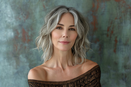 a woman with gray hair posing for the cameraの素材