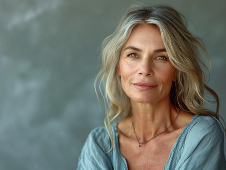 a woman with gray hair posing for the cameraの素材