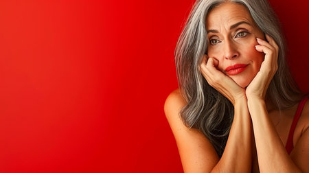 a woman with gray hair and red lips posing against a red backgroundの素材