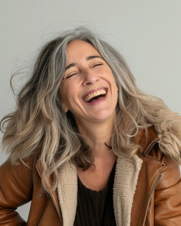 a woman with gray hair laughing and wearing a brown jacketの素材