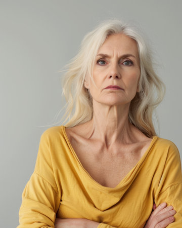 a woman with gray hair and a yellow topの素材