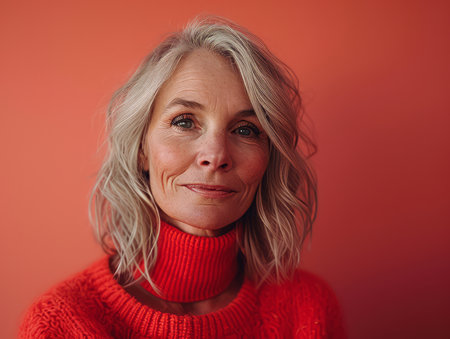 a woman with gray hair and a red sweaterの素材