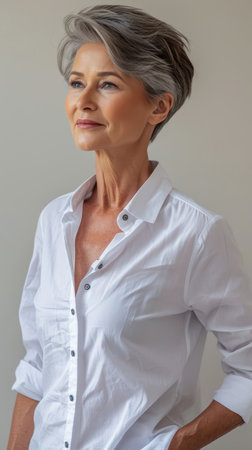 a woman with gray hair and a white shirtの素材