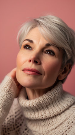 a woman with gray hair and a white sweaterの素材