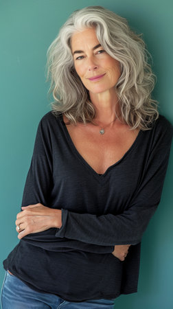 a woman with gray hair and a black shirtの素材