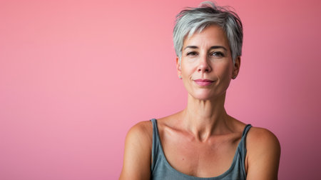 a woman with gray hair and a gray tank top standing against a pink backgroundの素材