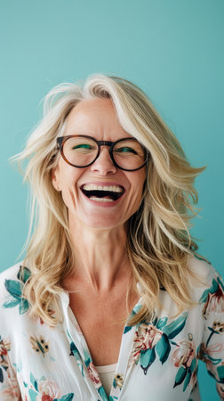 a woman with glasses and a floral shirt laughingの素材