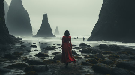 a woman in a red dress walking on the beachの素材