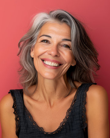 a woman with gray hair smiling and looking at the cameraの素材