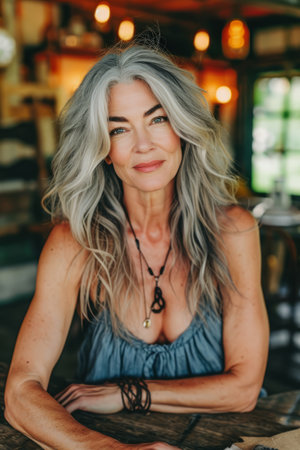 a woman with gray hair sitting at a tableの素材