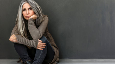 a woman with gray hair sitting on the floorの素材
