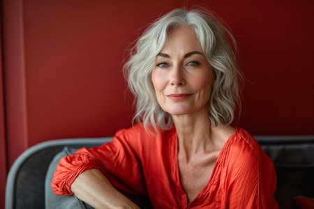a woman with gray hair sitting on a couchの素材