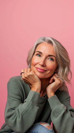 a woman with gray hair sitting on a pink backgroundの素材