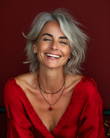 a woman with gray hair smiling and wearing a red topの素材