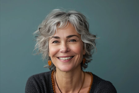 a woman with gray hair smiling at the cameraの素材