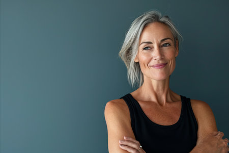 a woman with gray hair standing in front of a blue wallの素材