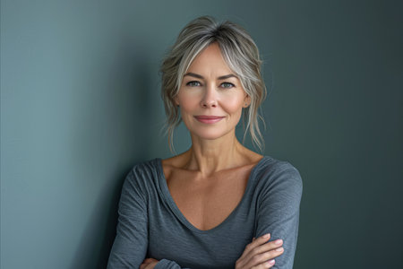 a woman with gray hair standing in front of a gray wallの素材